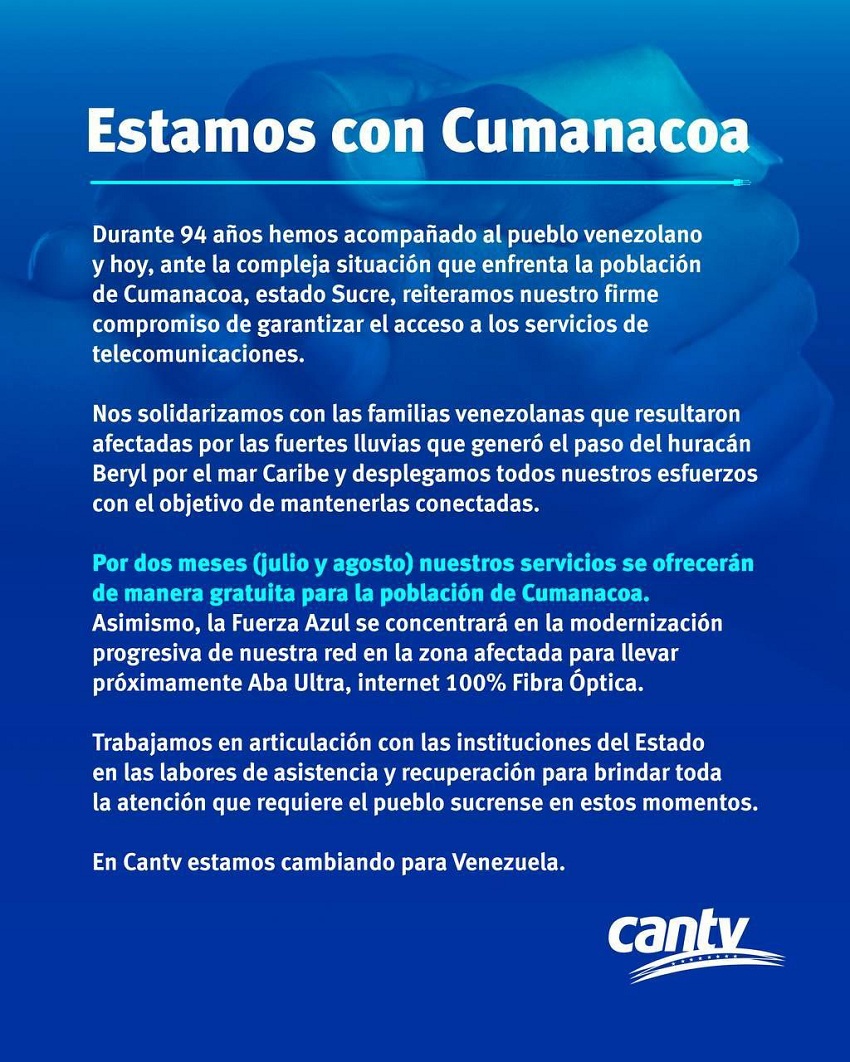 CANTV ofrecerá sus servicios de manera gratuita por 2 meses a la población de Cumanacoa (+comunicado)