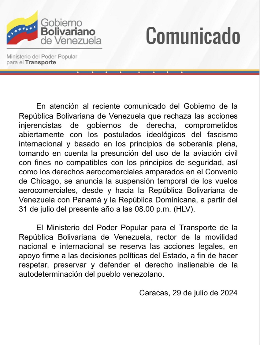 Venezuela suspende temporalmente los vuelos a Panamá y Rep. Dominicana a partir del #31Jul (+comunicado)