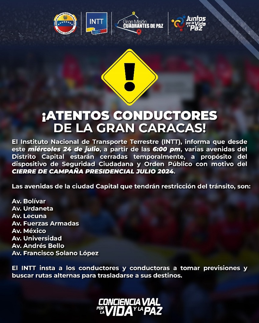 Tomen precauciones: Las avenidas en Caracas que tienen restricción vehicular este #25Jul por el cierre de campaña