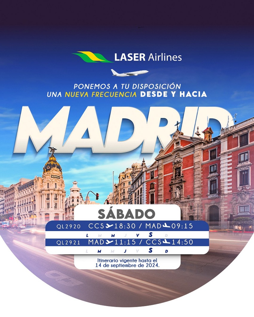 Volará los sábados: Laser Airlines incorpora nueva frecuencia en su conexión entre Caracas y Madrid