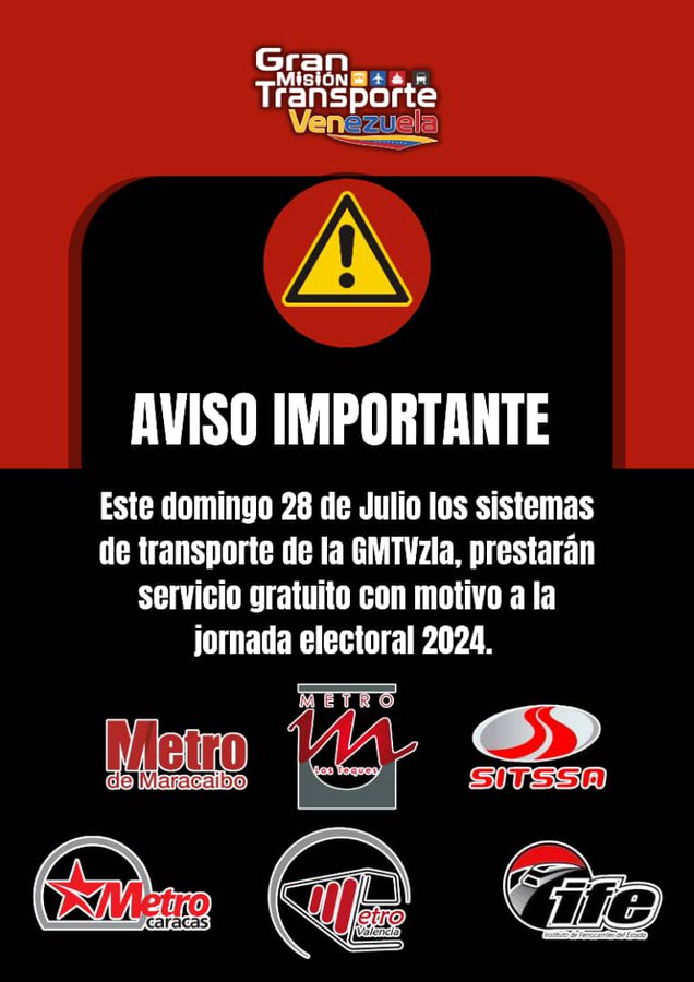 #Dato: Sistemas de la Gran Misión Transporte Venezuela prestarán servicio gratuito este #28Jul