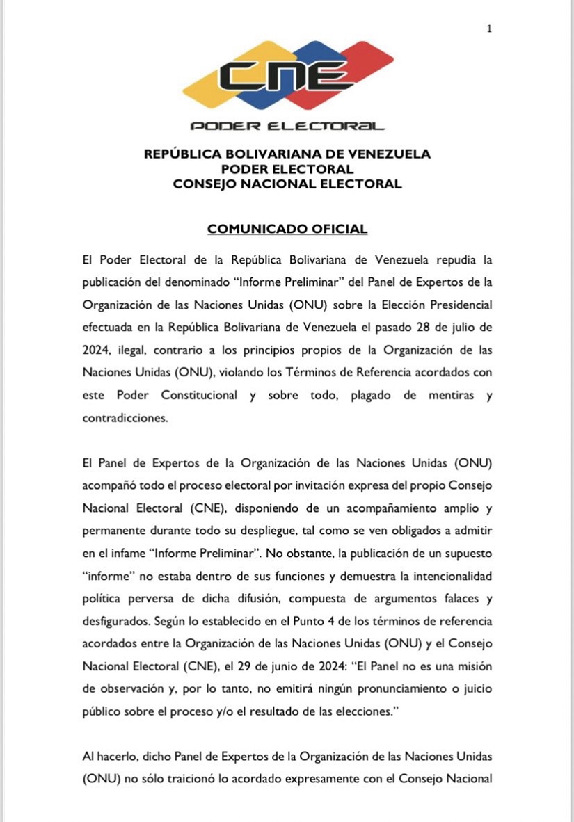 CNE rechaza informe preliminar de expertos de la ONU: «Es panfletario y está plagado de mentiras»