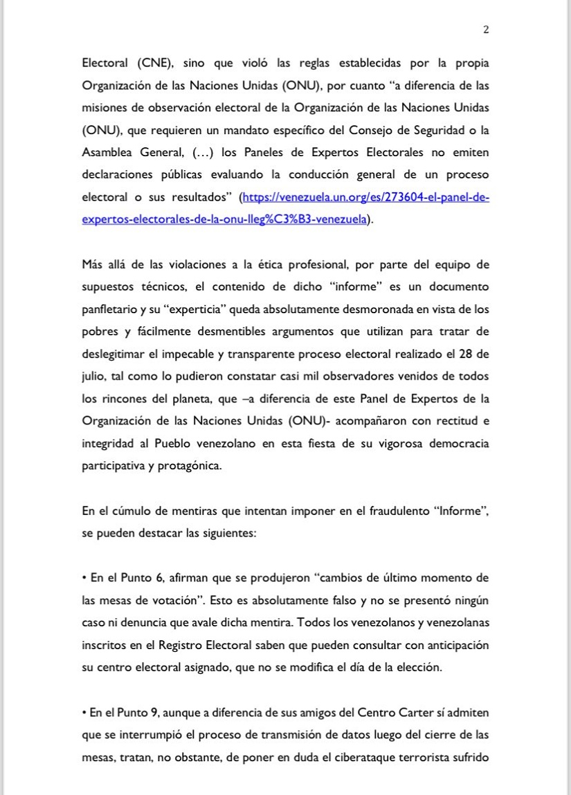 CNE rechaza informe preliminar de expertos de la ONU: «Es panfletario y está plagado de mentiras»