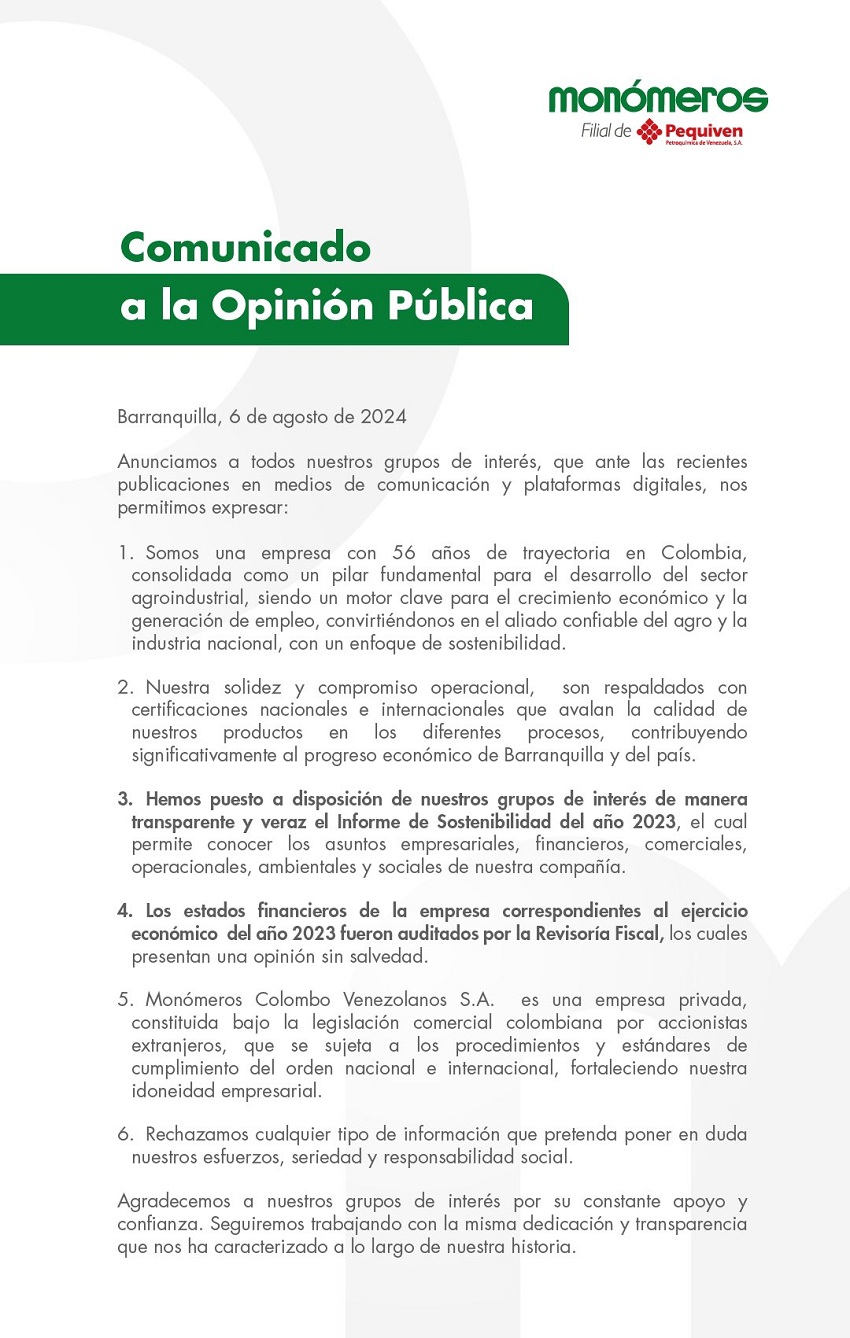 Supersociedades de Colombia: Hasta la fecha no existen irregularidades en Monómeros