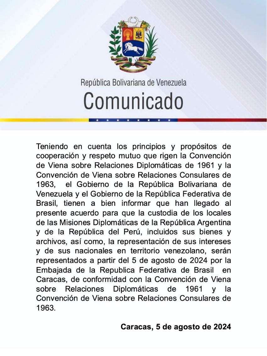 Brasil llega a un acuerdo con Venezuela para representar a peruanos y argentinos