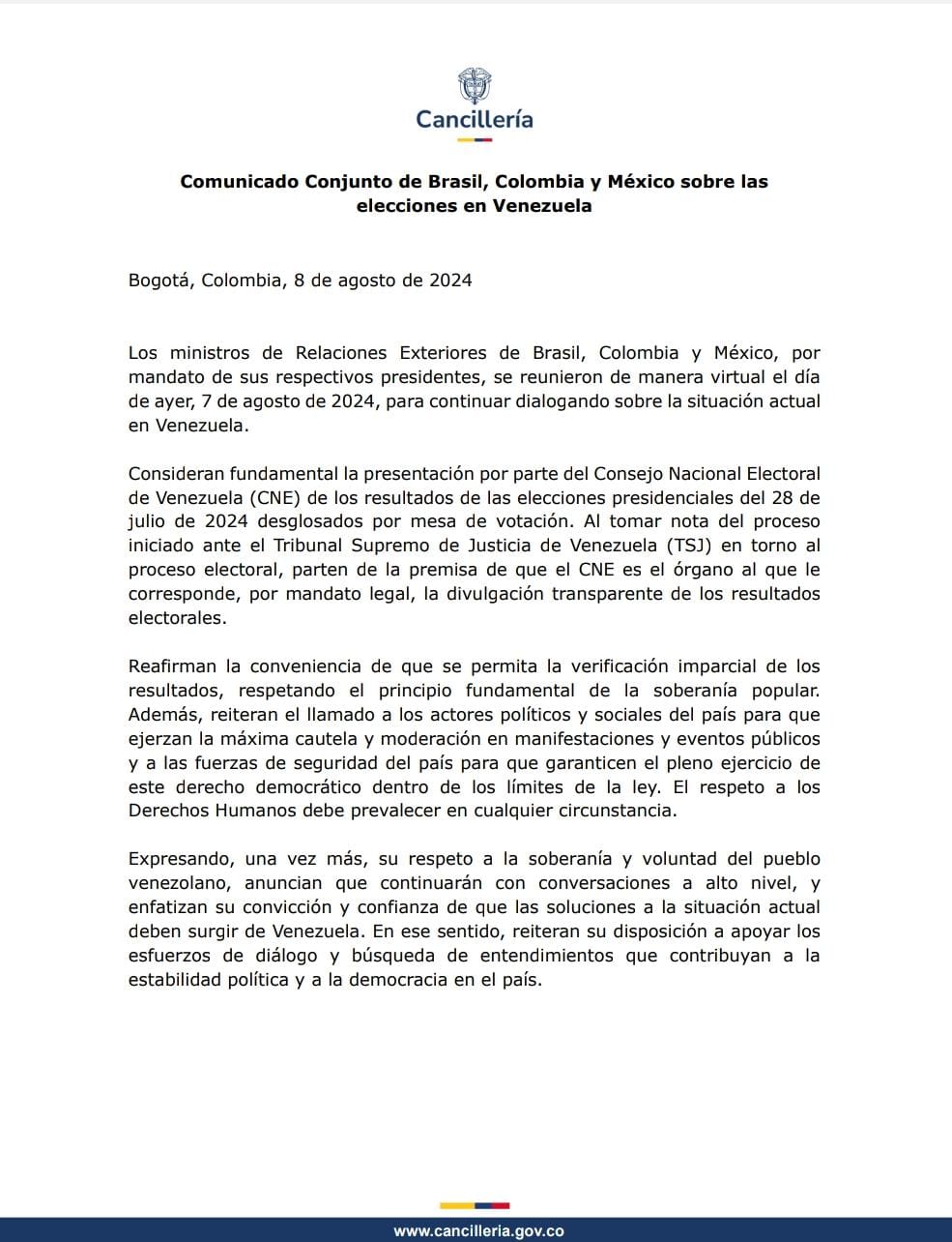 Brasil, Colombia y México insistieron en la divulgación de las actas electorales por parte del CNE