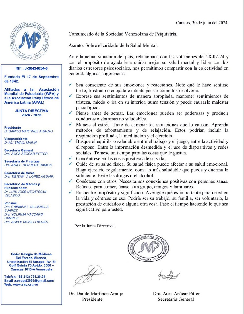 #Datos: Las recomendaciones de la Sociedad Venezolana de Psiquiatría para el cuidado de la salud mental