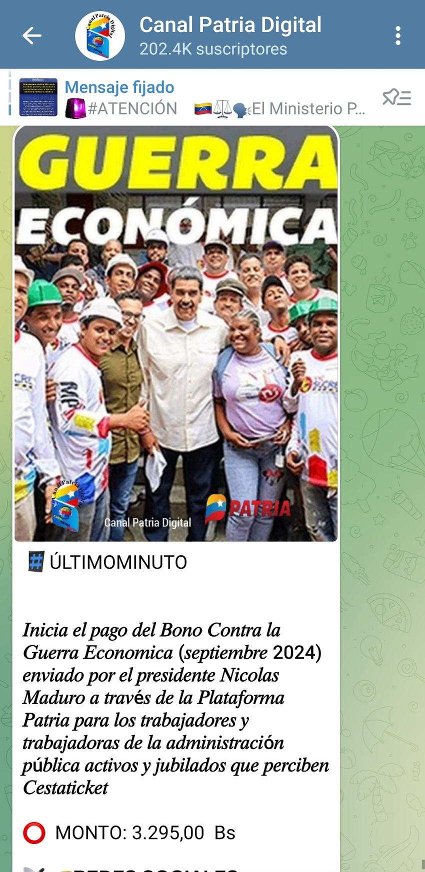 Pagan bono «Contra la Guerra Económica» a trabajadores activos y jubilados por US$ 89