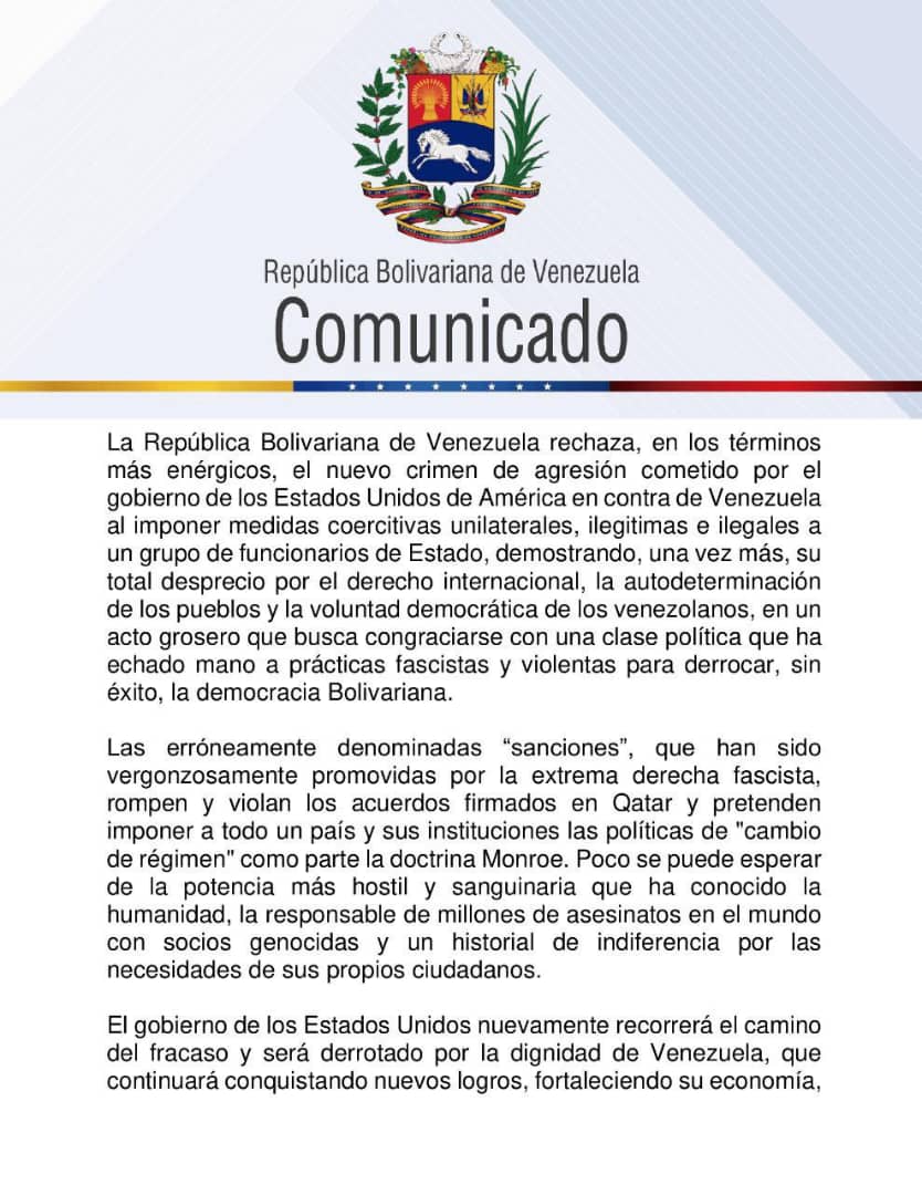 Gobierno de Venezuela rechaza nuevas sanciones impuestas por EE.UU: «un crimen de agresión»