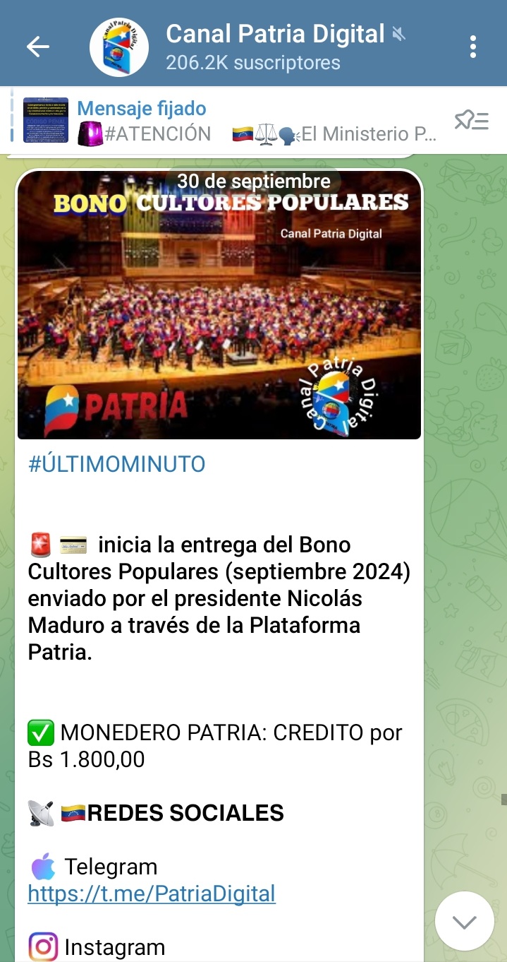 Pagan el bono «Cultores Populares» de septiembre y cubre el 9% de la Canasta Alimentaria Familiar