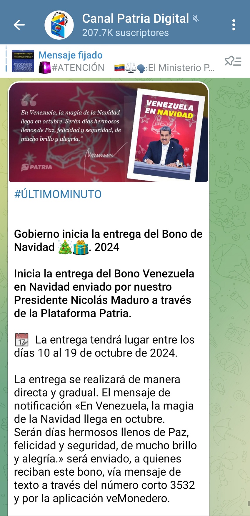 Gobierno paga el bono «Venezuela en Navidad» a través de la plataforma Patria: Equivale a US$ 4