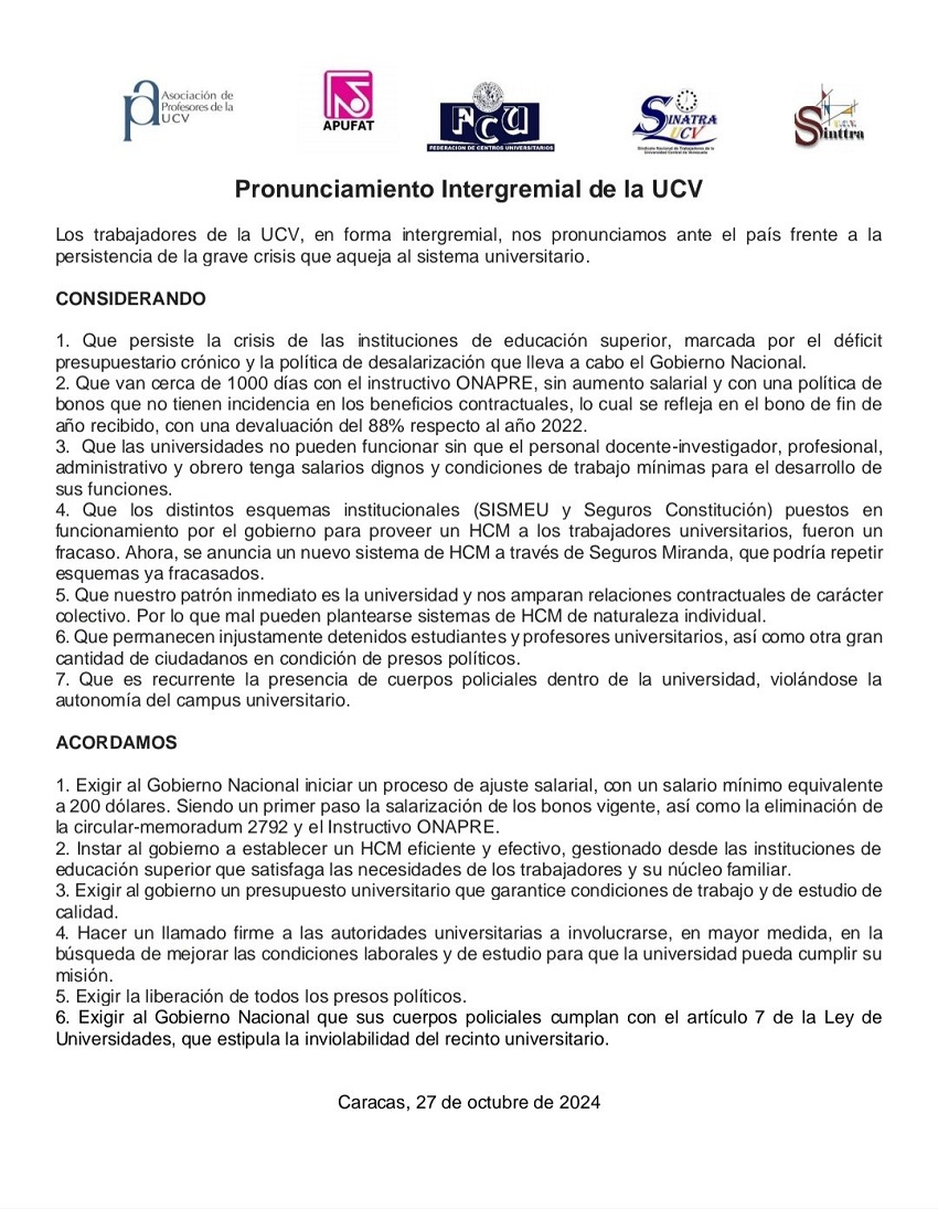 Gremios y sindicatos de la UCV exigen al Gobierno ajustar el salario mínimo en US$ 200 (+comunicado)