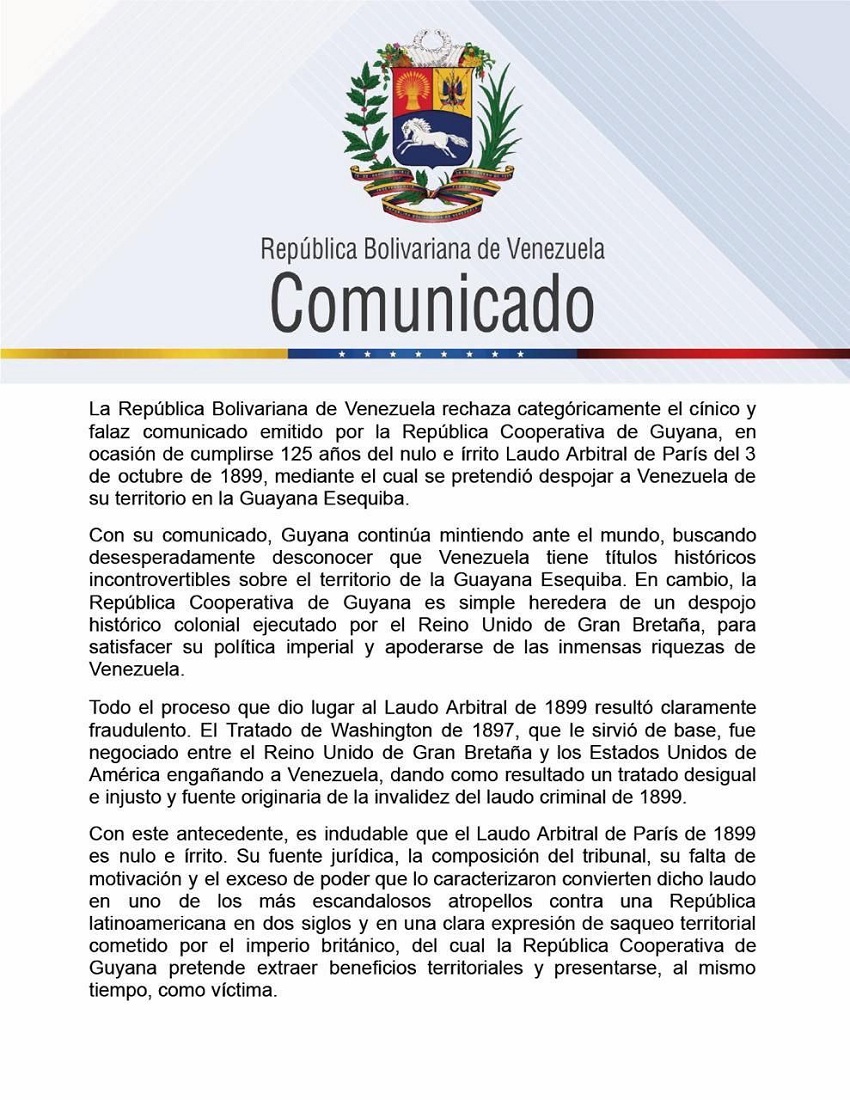 Gobierno de Venezuela acusa a Guyana de mentir «ante el mundo» sobre disputa territorial por el Esequibo