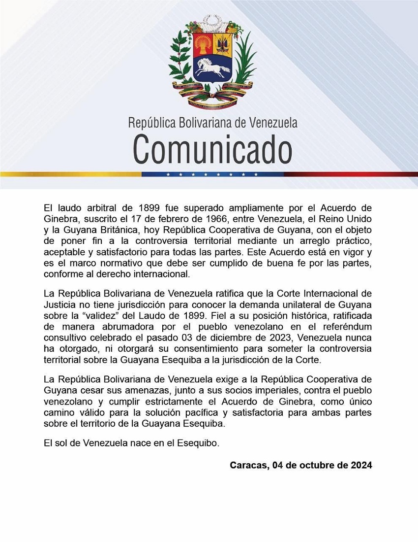 Gobierno de Venezuela acusa a Guyana de mentir «ante el mundo» sobre disputa territorial por el Esequibo