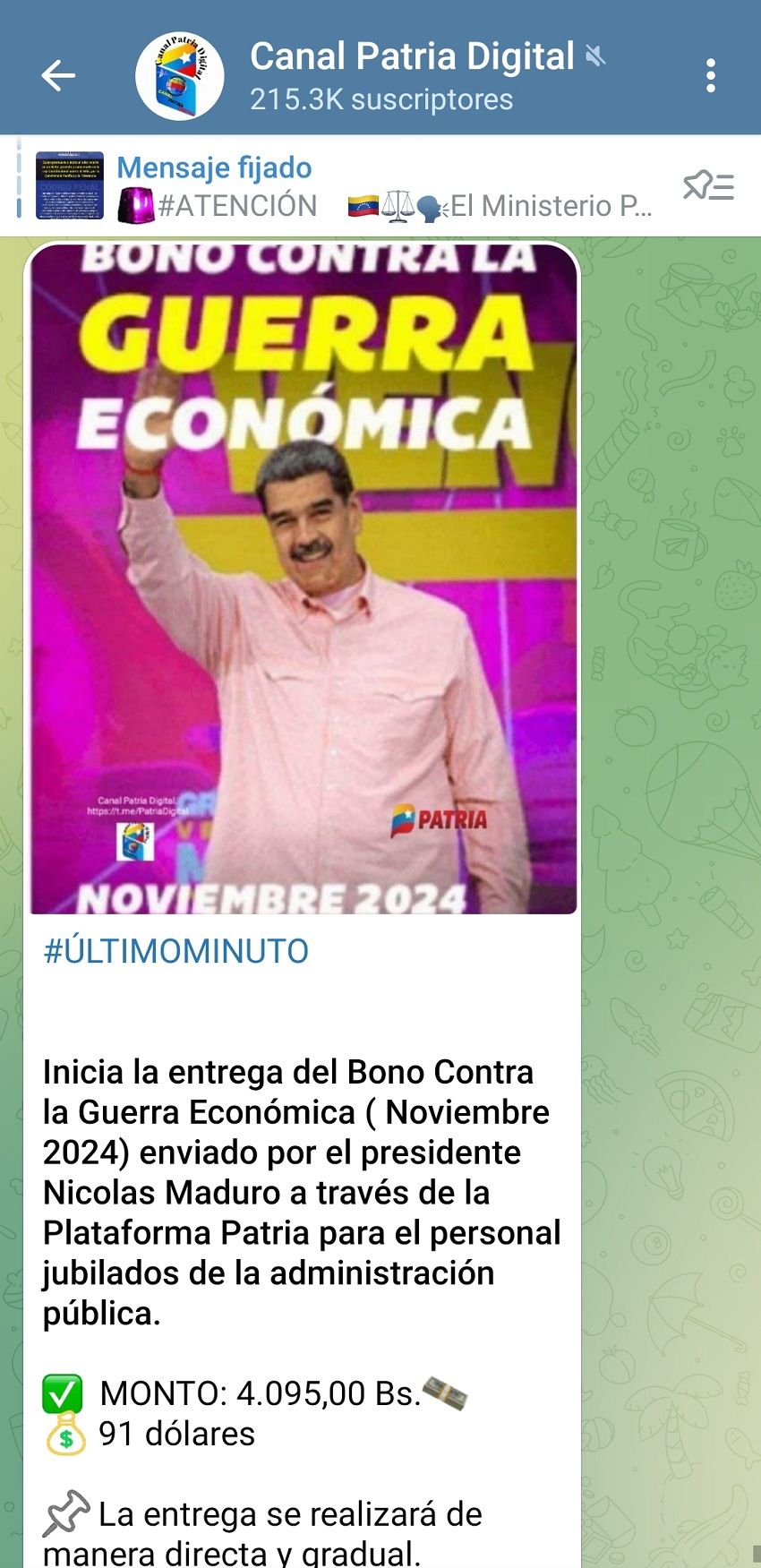 Pagan bono «Contra la Guerra Económica» de noviembre por US$ 89 a jubilados (+detalles)