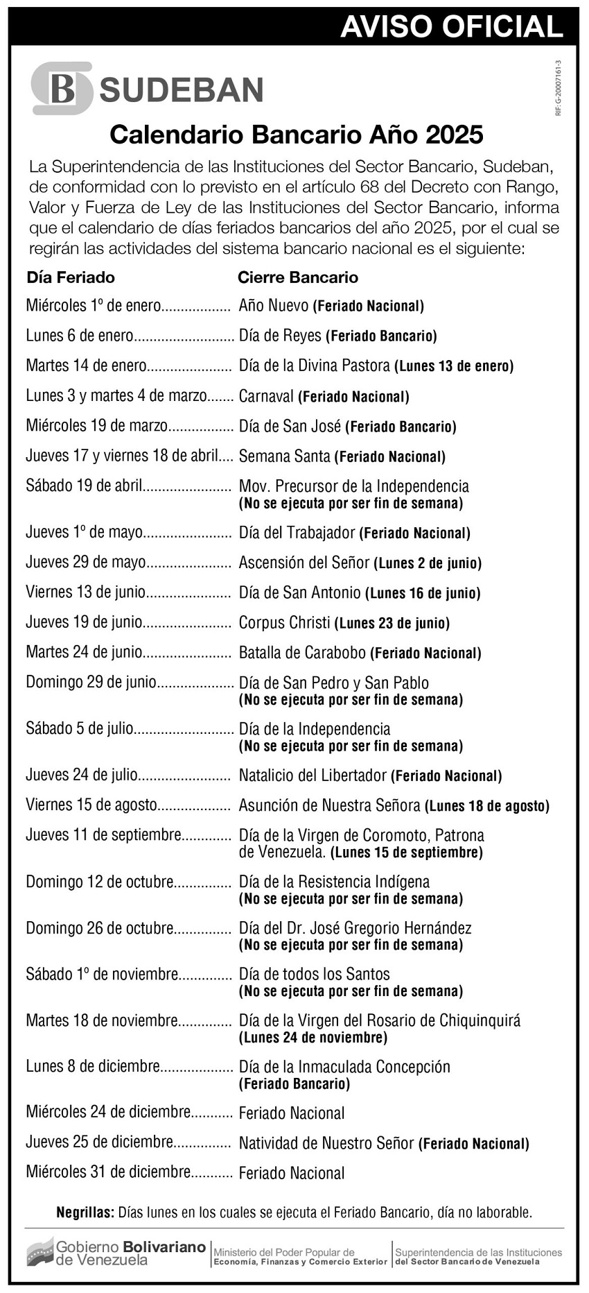 Conozca el calendario bancario del año 2025 publicado por la Sudeban: Tiene 17 días festivos