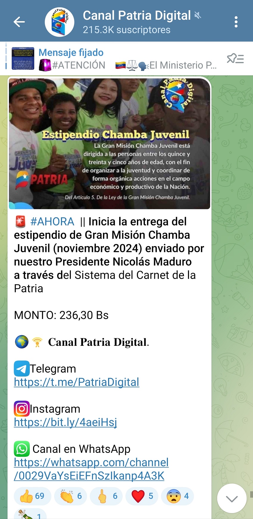 Monto del estipendio «Chamba Juvenil» y «Somos Venezuela» de noviembre incrementó 16,69% en bolívares