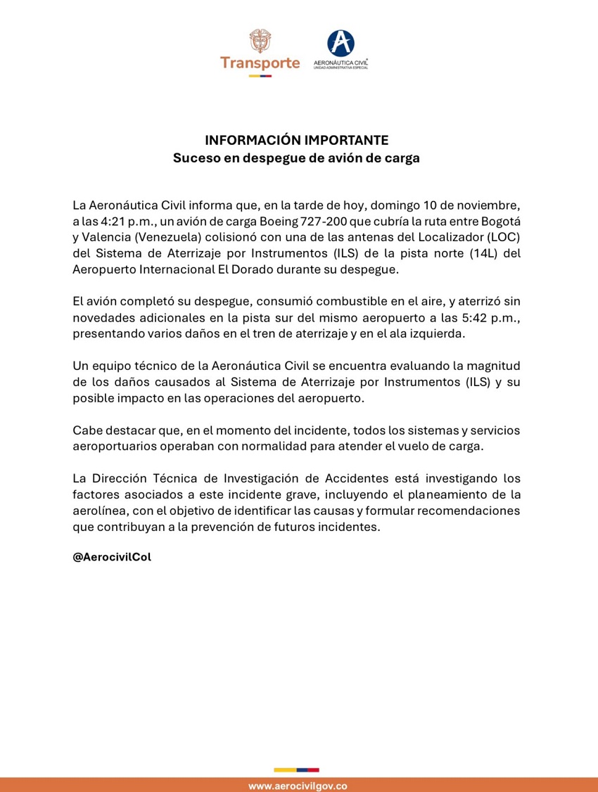 Avión de carga golpeó una torre del sistema que guía aterrizajes en el aeropuerto El Dorado de Bogotá