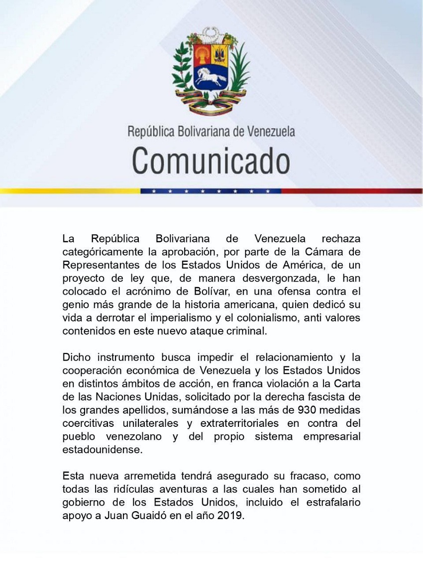 Venezuela rechaza proyecto de ley de EEUU que veta la cooperación económica entre ambas naciones