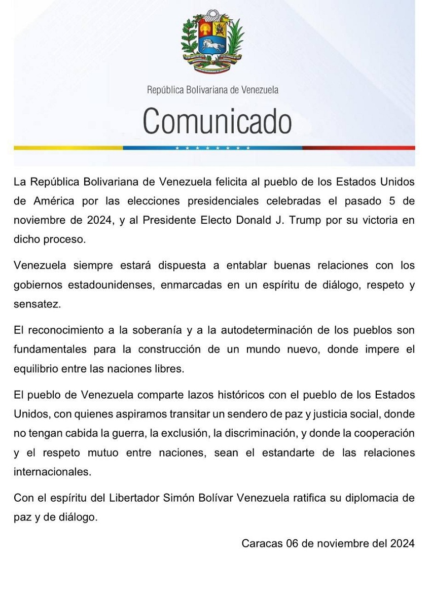 Venezuela dice estar dispuesta a «entablar buenas relaciones» con EEUU tras triunfo de Trump