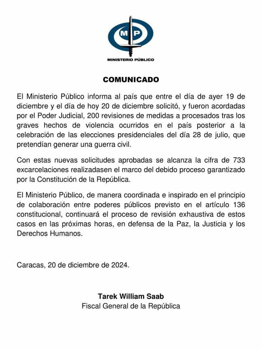 MP: Se han realizado más de 730 excarcelaciones tras las protestas del #28Jul