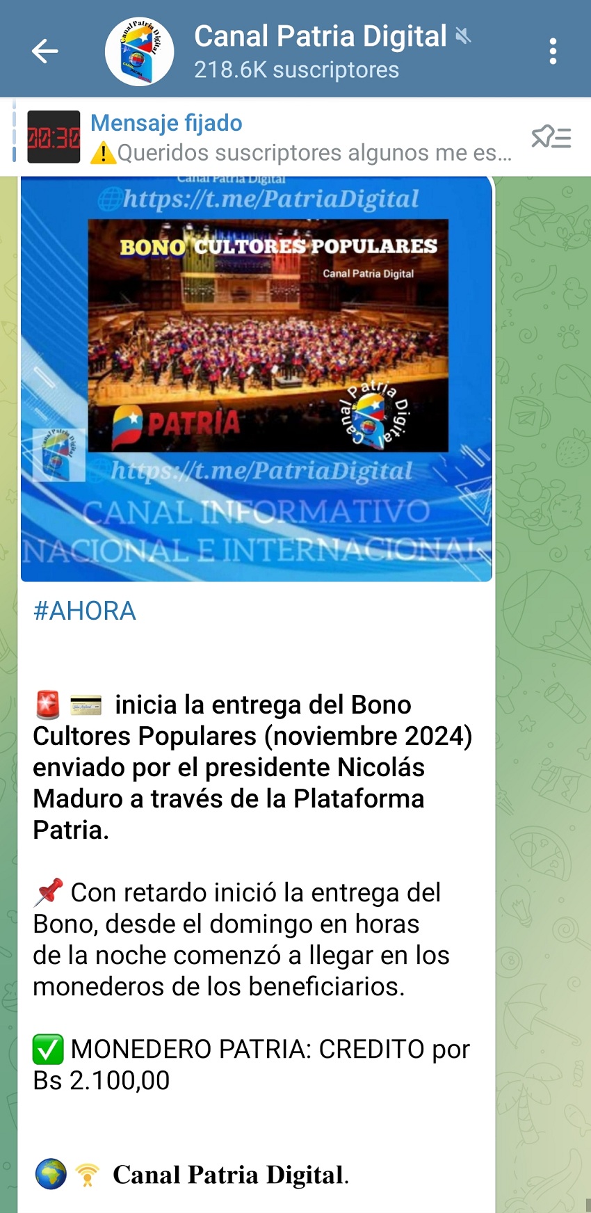 Aumentó más de 16% en bolívares: Pagan bono «Cultores Populares» de noviembre por Bs. 2.100