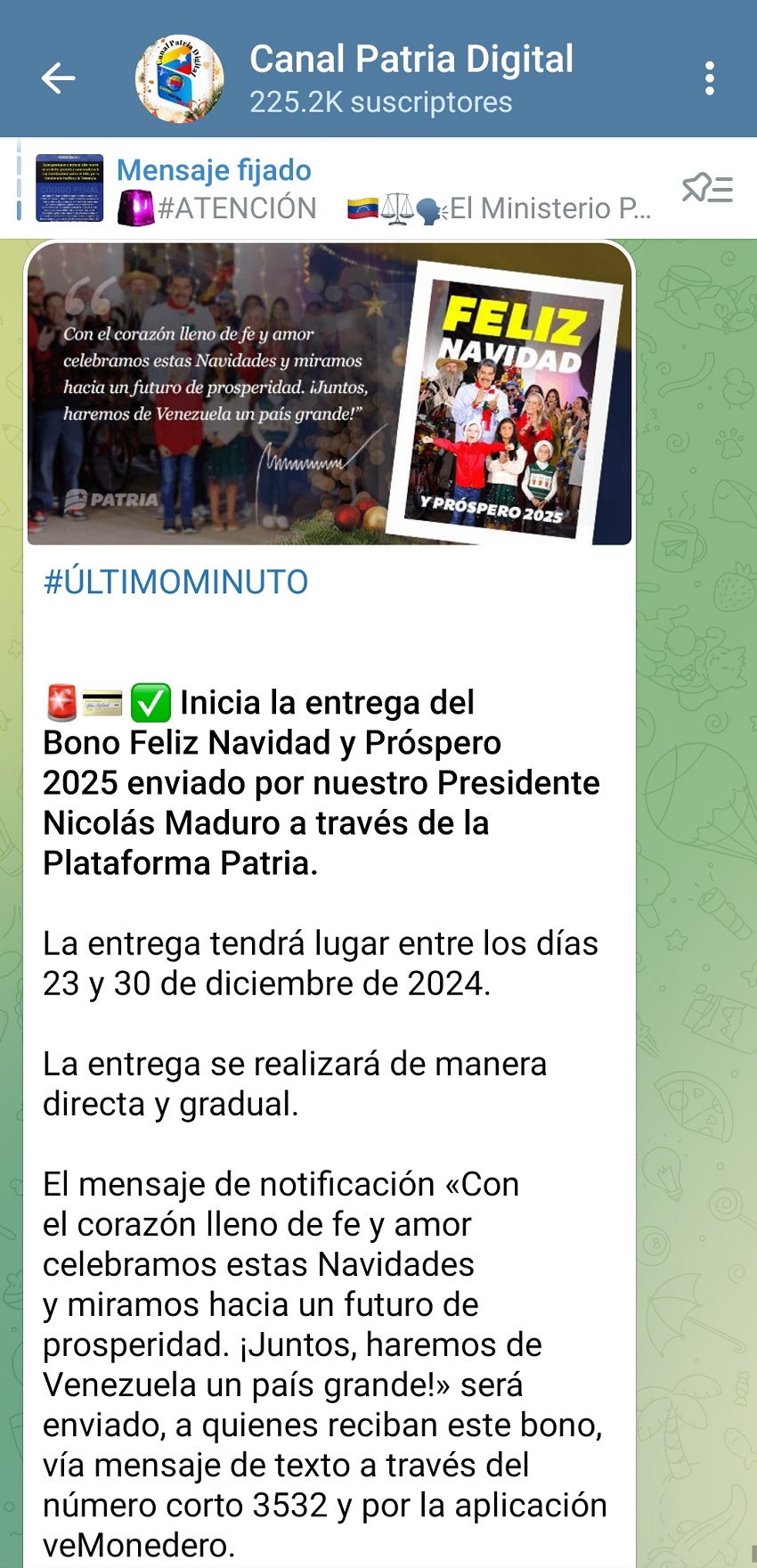 Equivale a US$ 4: Pagan bono «Feliz Navidad y Próspero 2025» a través de la Plataforma Patria