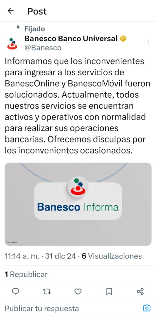 #Atención: Servicios de BanescoOnline y BanescoMóvil ya fueron reactivados y operan con normalidad