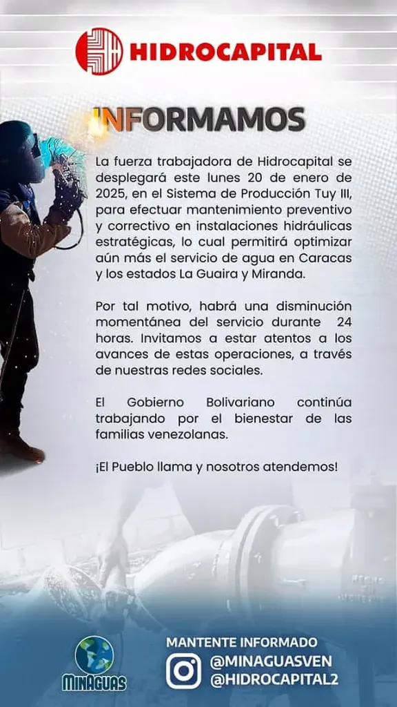 #Atención: Hidrocapital anuncia mantenimiento preventivo en sistema Tuy III este #20Ene