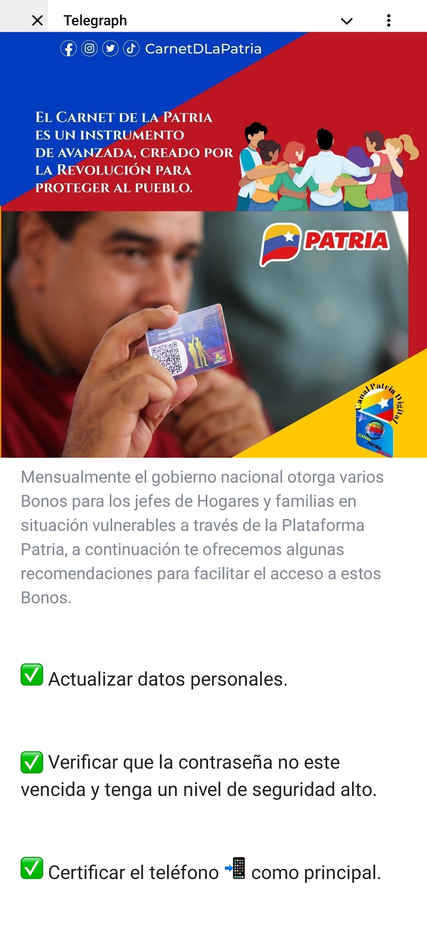 Algunas recomendaciones del Canal Patria Digital para facilitar el acceso a bonos de la Plataforma Patria