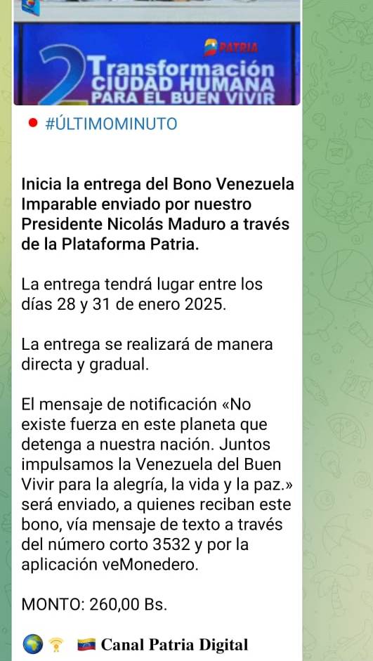 Inician entrega de «Bono Venezuela Imparable» a través de la Plataforma Patria: equivale a US$ 4,57