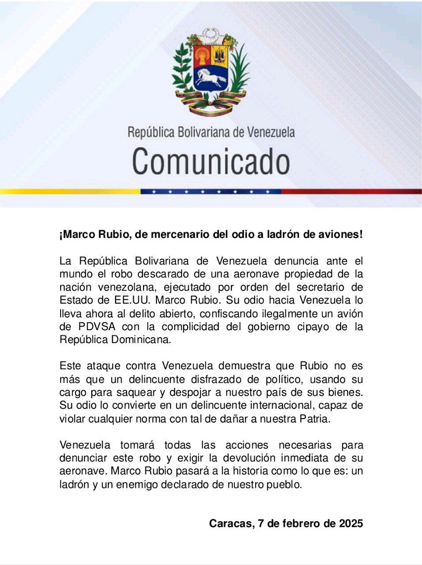 Venezuela denuncia el «robo descarado» de un avión por parte de EEUU (+comunicado)