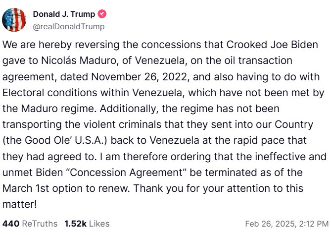 Trump rescinde licencia que permite exportaciones de petróleo venezolano a partir del 1° de marzo