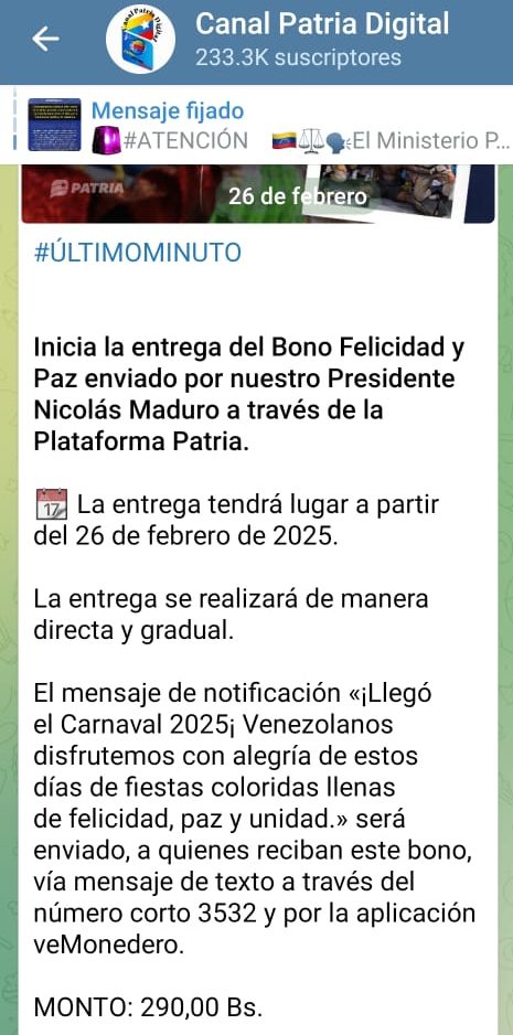 Inician pago de «Bono Felicidad y Paz»: equivale a US$4,51