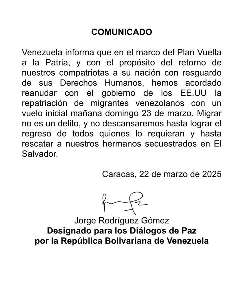 #Dato: Venezuela iniciará este #23Mar los vuelos de repatriación desde EEUU (+comunicado)