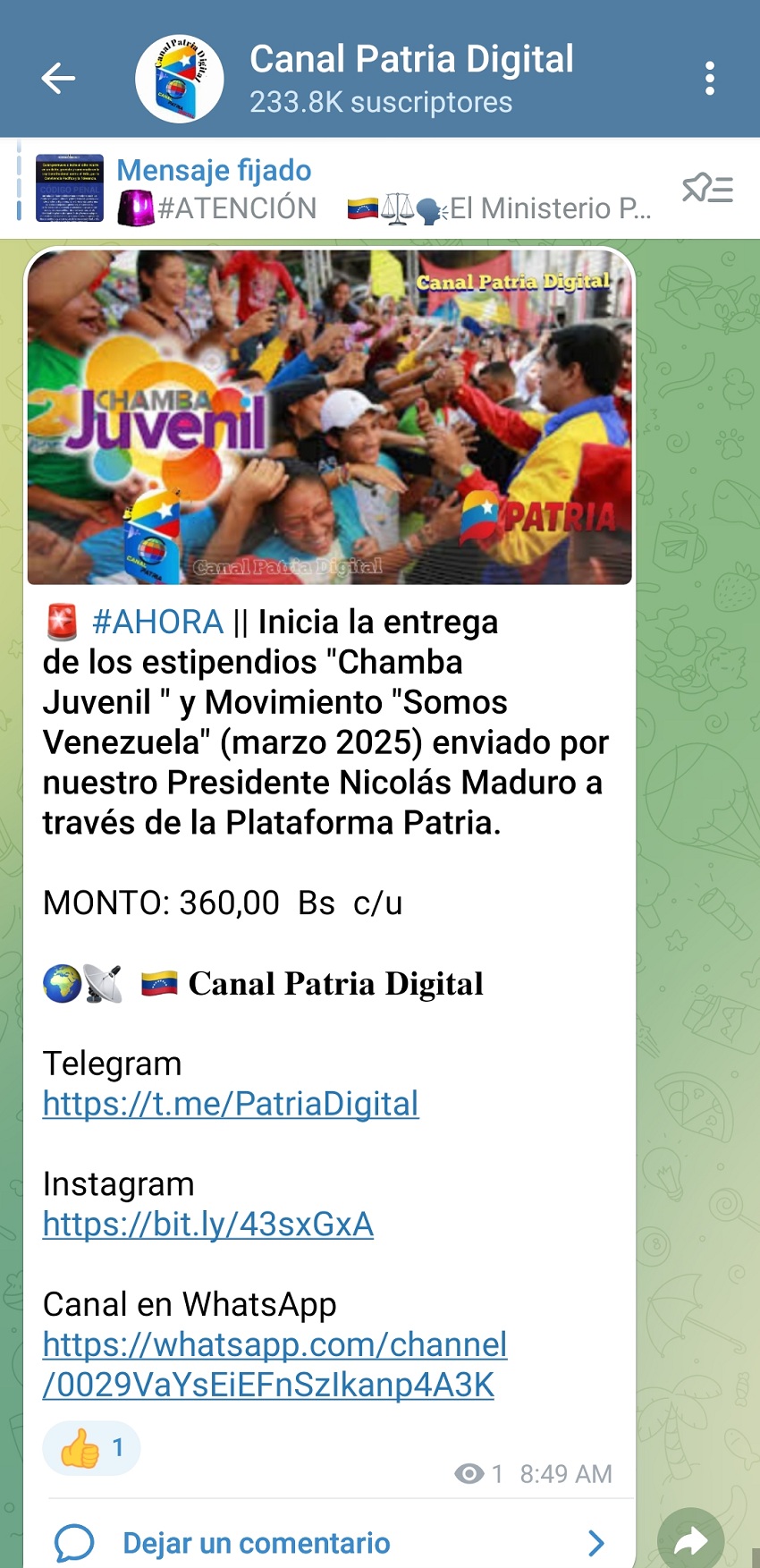 Pagan estipendio «Somos Venezuela» y «Chamba Juvenil» de marzo: Incrementó 10% en bolívares (+monto)