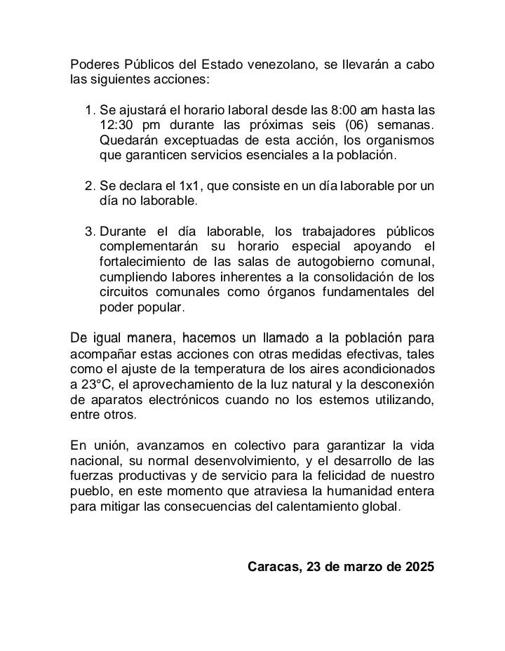 Administración pública aplicará horario especial durante 6 semanas ante aumento de la temperatura (+comunicado)