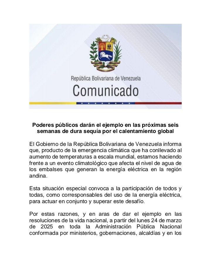 Administración pública aplicará horario especial durante 6 semanas ante aumento de la temperatura (+comunicado)