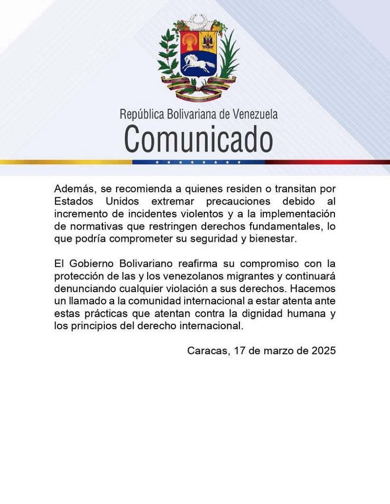 Venezuela emite «alerta de viaje» para nacionales que vayan o hagan tránsito en EEUU